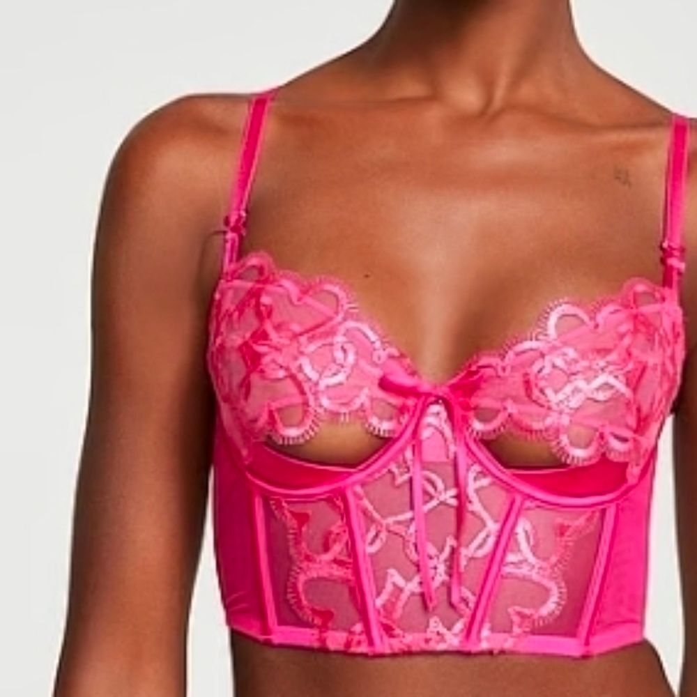 VS Dream Angels Wicked Shimmer Heart Embroidery Open-Cup Corset Top M DD